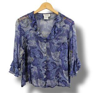 Tess 100% Silk Sheer Paisley Button Blouse Ruffle Sleeves Size 16 Fairy